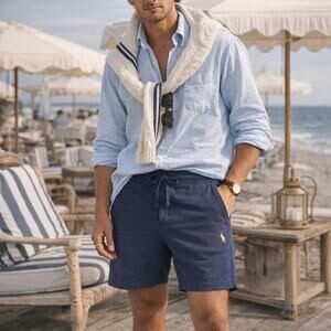 Polo By Ralph Lauren VTG SZ L 100% Cotton Pique 10" Draw String Shorts Blue Rare